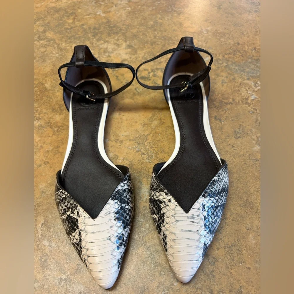 Tory Burch V Cut Python Embossed Leather Ankle Strap Flats